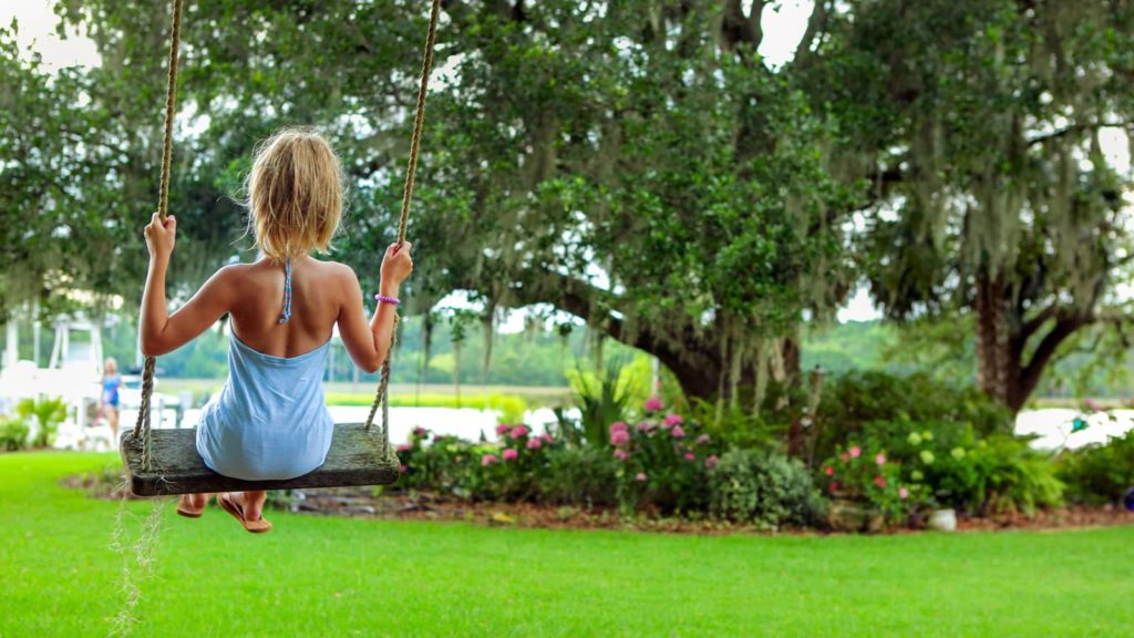 Girl Tree Swinging Lawn And Water Carolinas